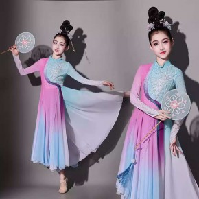 Children Chinese folk classical dance costumes Girls blue pink fairy hanfu ancient traditional Flowing yangge umbrella dance dresses for kids